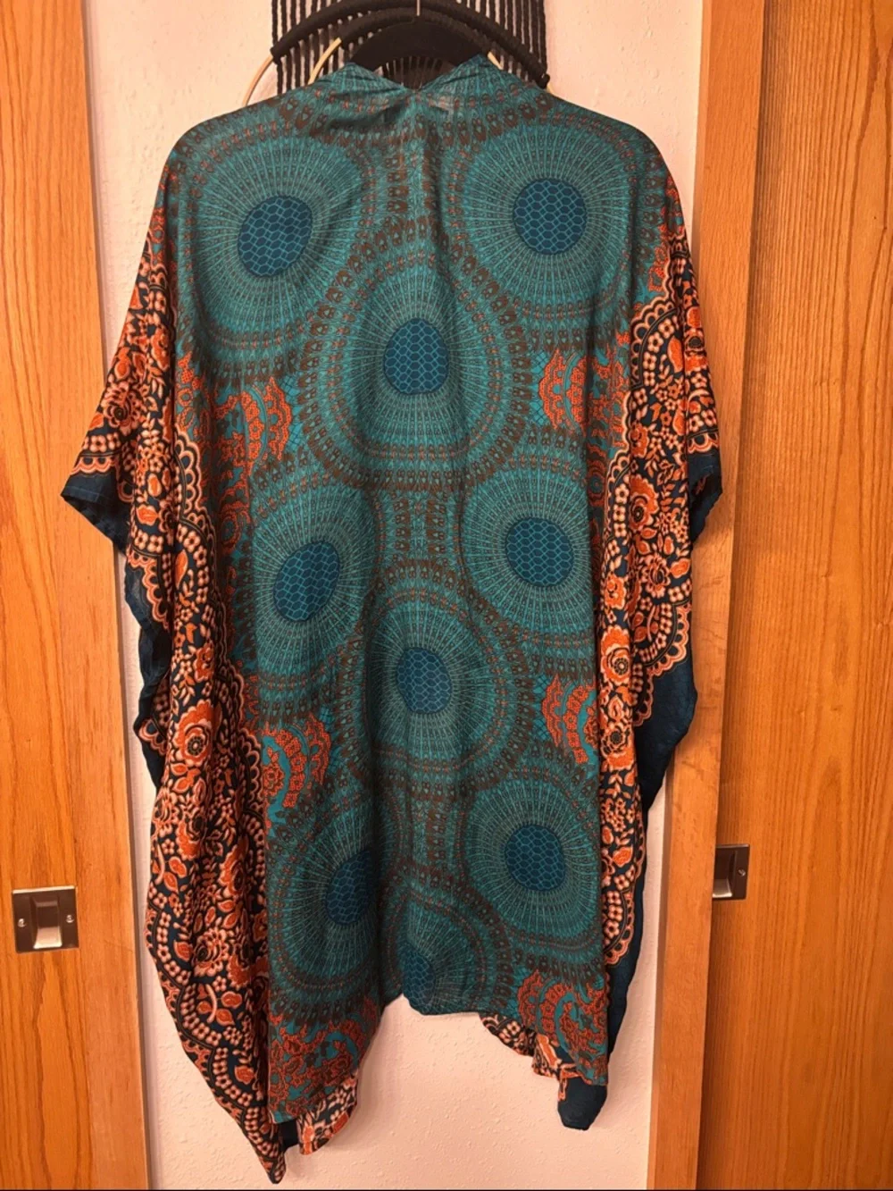 Boho Teal & Orange Printed Open-Front Tunic Kimono - Picture 4 of 4
